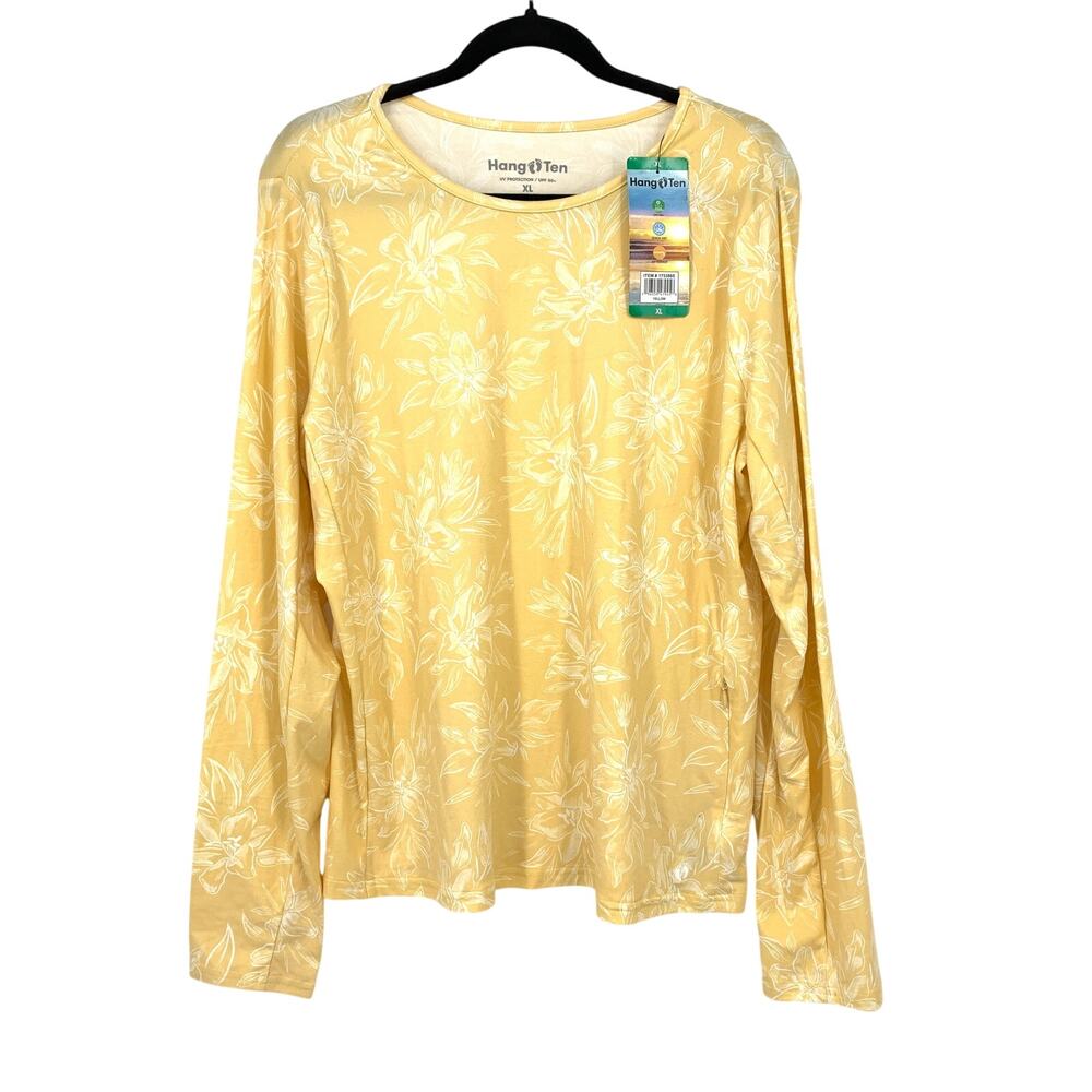 Hang Ten Top UV Protection UPF 50+ Yellow White Floral Print Long Sleeve Sz XL - Picture 2 of 7
